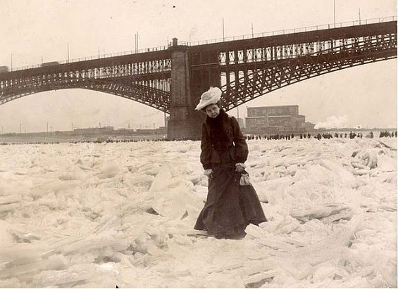 Woman crossing the frozen Mississippi, 1905. - courtesy Missouri History Museum