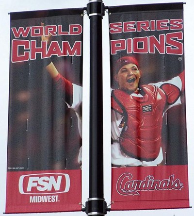 Molina featured on World Series banners outside Busch Stadium in 2007.