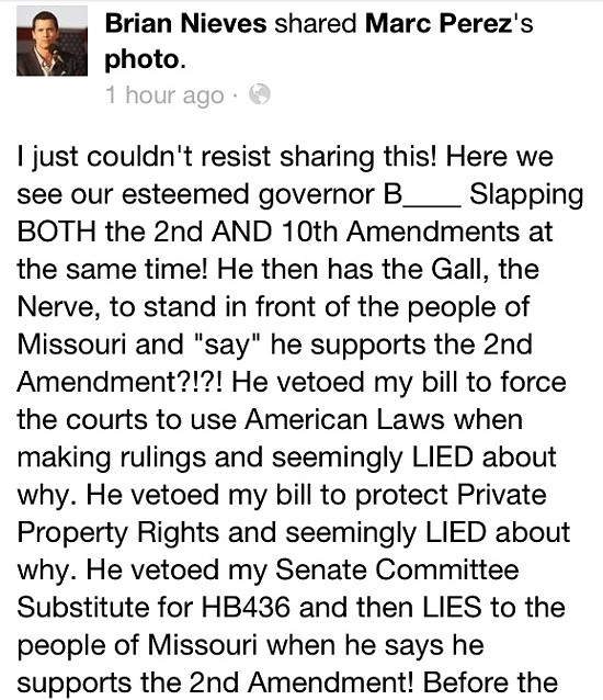 Brian Nieves' Facebook Rant On States' Rights: Governor Is "B____ Slapping" Constitution