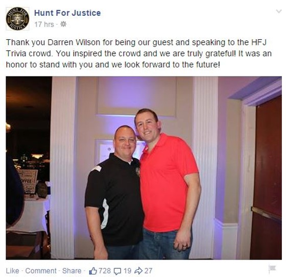 Christopher Hunt, director of Hunt of Justice, welcomed Darren Wilson to speak to law enforcement supporters last weekend. - Facebook via Hunt For Justice