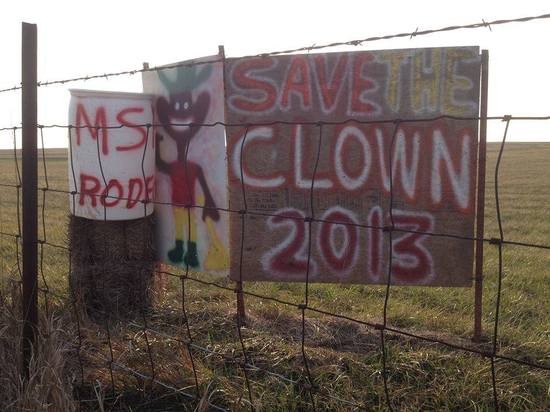 A farmer in Missouri set this up to support Tuffy the Clown. We're not sure why he's touting the Mississippi rodeo, though. - Facebook
