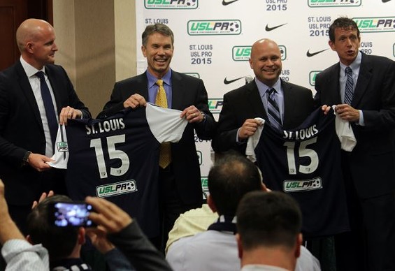The execs behind St. Louis' new pro soccer team (from left to right): USL Pro vice president Jake Edwards, Jim Kavanaugh and Tom Strunk of SLSG, USL Pro president Tim Holt - Danny Wicentowski