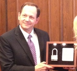 Mayor receiving "lock to the city" on Friday. - Courtesy Maggie Crane