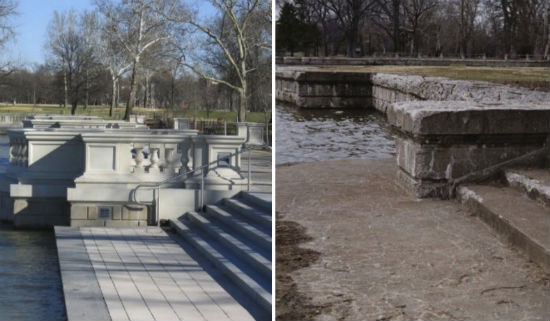 Emerson Grand Basin in 2003 and now. - Courtesy of Forest Park Forever
