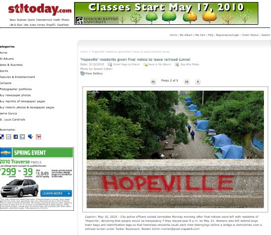As seen on Stltoday.com, this image depicts "Hopeville," the Great Recession successor to the Depression's Hooverville, soon to be demolished. - Image Source