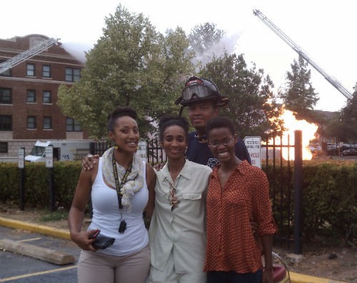 From left to right: Andrea Peoples, DeBorah Ahmed, an unidentified firefighter, and Malena Amusa were more concerned with plugging Peoples's cancelled dance class (Kreative Pandemonium!) than concerned for their safety.