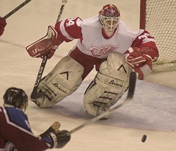 Legace from his days as a goalie who won games for Detroit while actually weating a Red Wings sweater - hockeygoalies.org