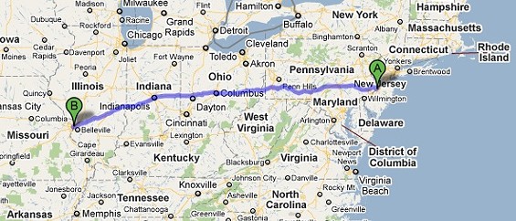 Careful, Google Maps warns that the 898-mile route from Bensalem to St. Louis has tolls.