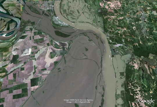 This recent aerial view shows both the Ohio River and the Mississippi River spilling over near Cairo, Illinois. - courtesy of Google and GeoEye
