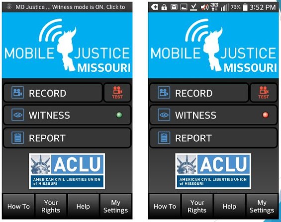 The ACLU of Missouri's new app, with the witness setting turned on (L) and off (R). - ACLU of Missouri