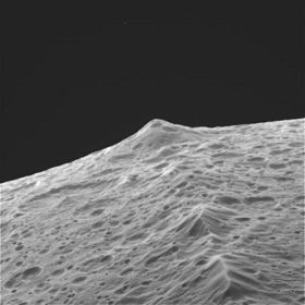 A closer view of the ridge, taken by the Cassini satellite camera, which visited Iapetus in 2007. The satellite also took video. - image via