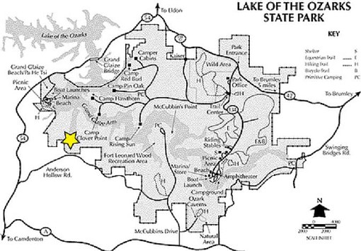 The yellow star marks the location of Party Cove inside the state park. - ozarks-lake.com