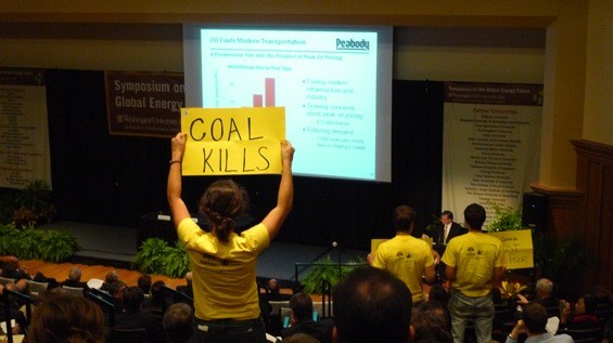 Wash U students had a message for Peabody Energy's Greg Boyce at the Symposium for Global Energy Future - Photo by Keegan Hamilton
