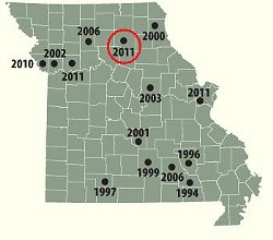 Map shows the locations of confirmed mountain lion sightings in Missouri since 1994. Saturday's killing (red circle) occurred in Macon.