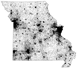 Each dot represents 50 people counted during the 2010 Census. - Missouri Office of Administration