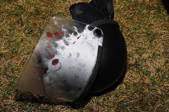 The riot helmet worn by the Webster Groves officer who was shot in the head in Ferguson Thursday. - Courtesy of St. Louis County Police