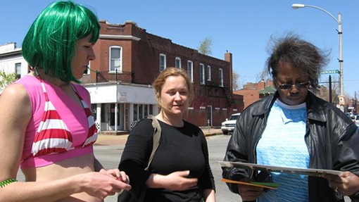 Lyndsey Scott (left) and Rita Ford (far right) discuss the plaza proposal - Photo by Nicholas Phillips