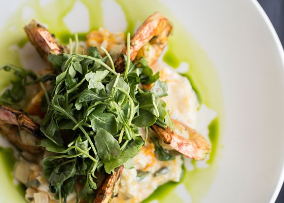 Grilled wild Gulf shrimp with butternut squash-sage risotto and arugula. | Jennifer Silverberg