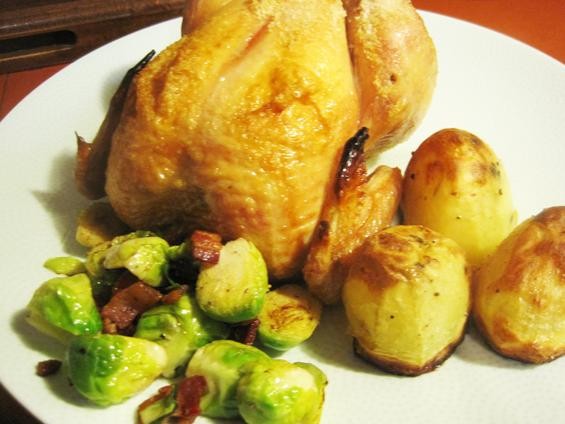 Roast chicken with potatoes and Brussels sprouts (and bacon) in my home kitchen - Ian Froeb