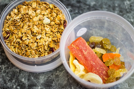 Granola and dried fruit snacks ready to grab and go.