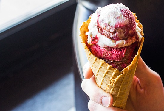 "London Fog" gelato in a cone with blueberry sorbetto and soy chocolate. - PHOTOS BY MABEL SUEN