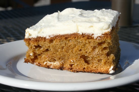 Try the Pumpkin Cake with Cream Cheese Frosting at Foundation Grounds