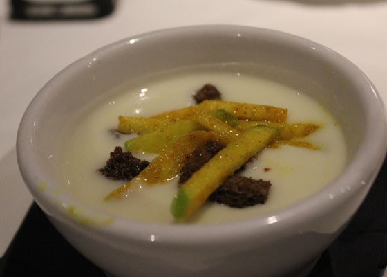 Cauliflower soup topped with curried apples and pumpernickel croutons. | Nancy Stiles