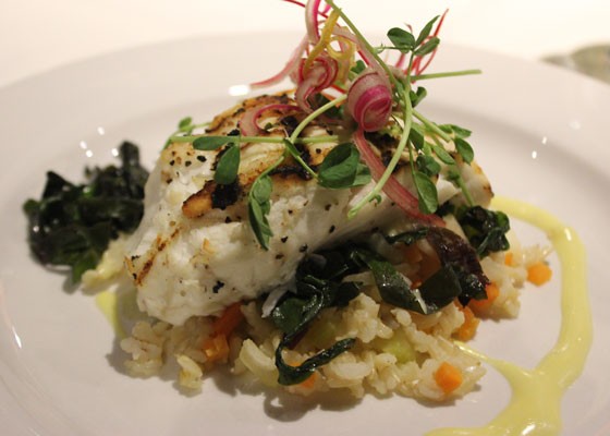 Grilled halibut with local brown basmati rice and saffron beurre blanc. | Nancy Stiles