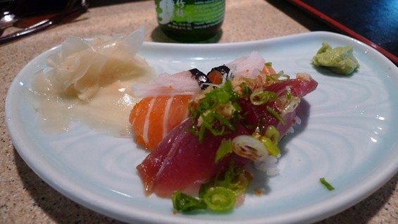 Pieces of sake (salmon) and bonito (a type of mackerel) nigiri from Nobu's - PHOTO BY KEEGAN HAMILTON