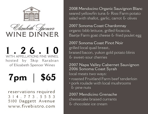 FoodWire: Elizabeth Spencer Wine Dinner at Five, Tuesday, 1.26