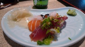 Pieces of sake (salmon) and bonito (a type of mackerel) nigiri from Nobu's. - Keegan Hamilton
