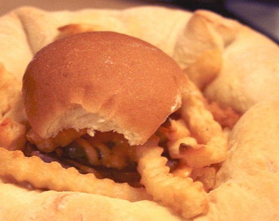 White Castle sliders stuffed crust pizza topped with French fries and a slider. - RFT photo