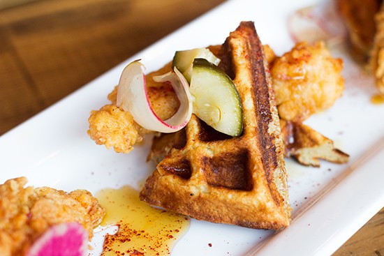 Juniper's chicken and waffles with fish sauce caramel, turmeric pickles and Korean chile flake. | Photos by Mabel Suen