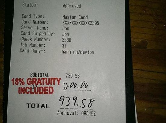 Peyton Manning Tips Well, But Lucky Waiter Fired