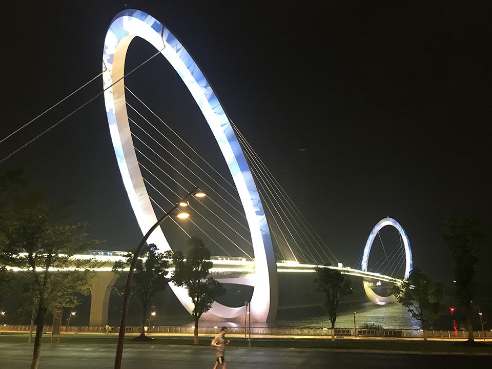 One of the Nanjing Eyes lit up at night. The bridge was completed in 2014 in conjunction with the city hosting the Youth Olympic Games that year. - RYAN KRULL