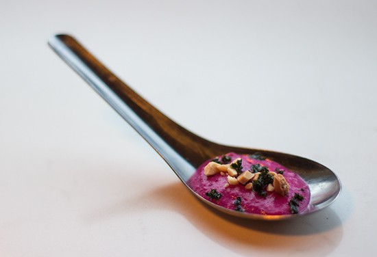 Complimentary amuse-bouche: beet mousse with kale and peanuts. - Photos by Mabel Suen