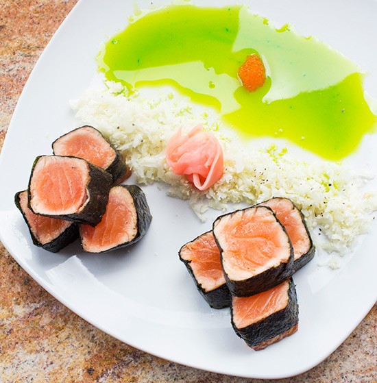 "Nori Wrapped Salmon" with cauliflower rice, wasabi honey glaze and pickled ginger. | Photos by Mabel Suen