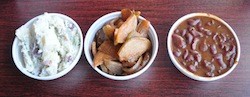 Sides at Vernon's: potato salad, smoked pears, baked beans | Tara Mahadevan
