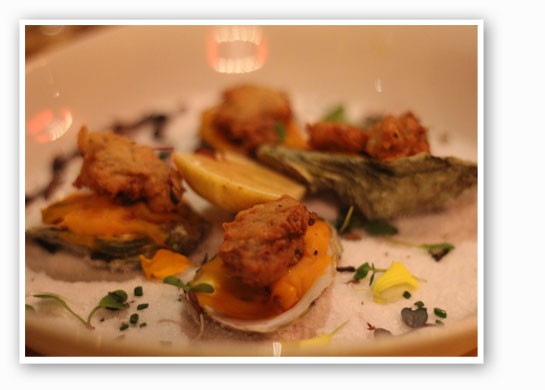 &nbsp;&nbsp;&nbsp;&nbsp;&nbsp;&nbsp;&nbsp;Pan-fried Naked Cowboy oysters with butternut squash and bacon salad. | Nancy Stiles