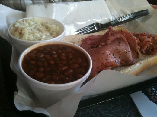 Pastrami sandwich with pit baked beans and slaw. - Robin Wheeler