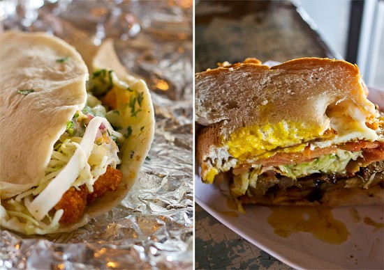 A baja-fish taco with breaded tilapia, buttermilk dressing and guacamole; half of a "shack-wich" stuffed with steak, bacon and egg. - Mabel Suen