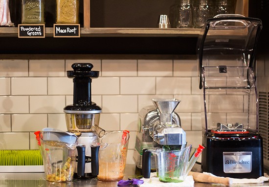 Juicing devices behind the counter.