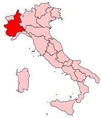 Piemonte, in dark red, is the source for interesting Italian whites. - User "Ahoerstemeier" and Sascha Noyes, Wikimedia Commons