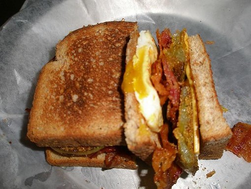 Jerad Gardner's fried green tomato breakfast sandwich. - ROBIN WHEELER