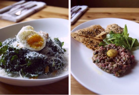 Black kale salad (left) with lemon anchovy vinaigrette and soft boiled farm egg and steak tartare (right) with traditional accompaniments and flatbread. - Liz Miller