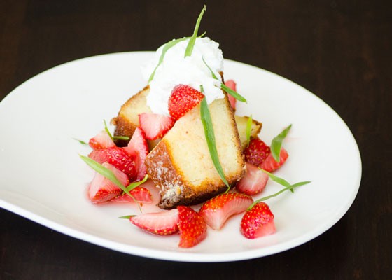 Strawberry trifle with ricotta pound cake, local strawberries and whipped cream. | Bixby's