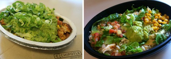 A chicken burrito bowl from Chipotle Mexican Grill (left) and a Cantina Bowl Chicken from Taco Bell (right). - Liz Miller