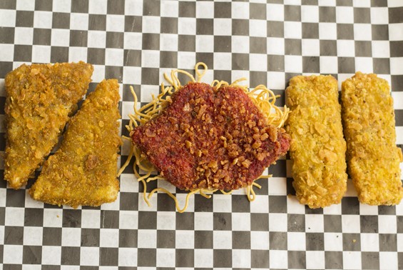 Three kinds of tofu specialties from Gooseberries: "KFTs" breaded and baked in thirteen herbs and spices; "Tofu Kiss" marinated in beet juice and breaded with crispy rice; and "Tofish Sticks" breaded and baked with lemon pepper and dill. | Mabel Suen