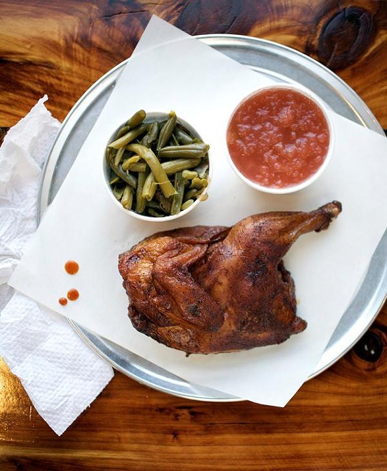 The smoked chicken, with green beans and applesauce, at PM BBQ - JENNIFER SILVERBERG