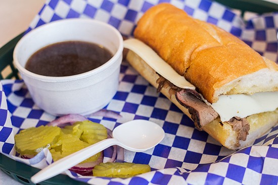 The "Steamboat Willie" on French bread with roast beef, provel and au jus.